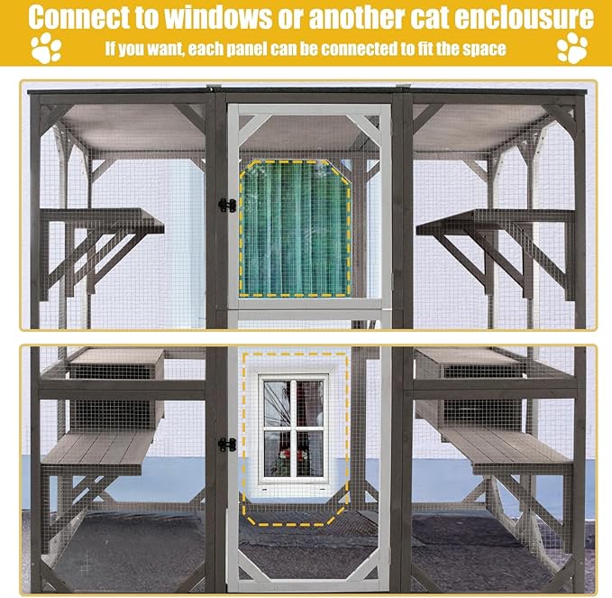 Outdoor Catio Cat Enclosures - Wooden Cat House Weatherproof with Multi Platforms & Lounge Boxes,Combined- 71 Inch