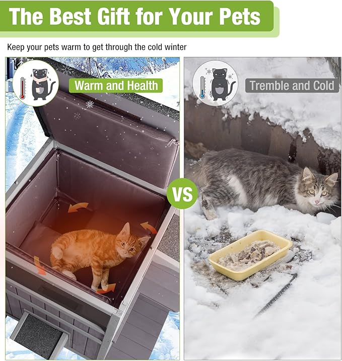 GUTINNEEN Insulated Outdoor Cat House Weatherproof with Insulation Liner for Winter, 2-Story Wooden Feral Shelter with Acrylic Window, Openable Asphalt Roof, Escape Doors