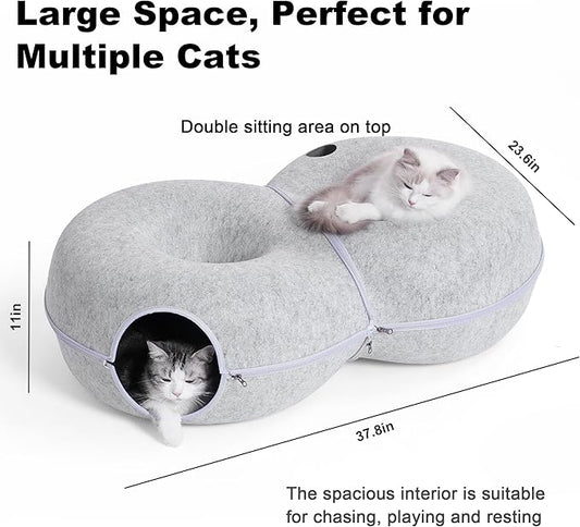 8-Shaped Large Cat Tunnel Bed for Indoor Cats, Infinite Circulation Peekaboo Cat Cave with 12 Toy Balls, Cat Donut Tunnel for Cats up to 30 Pounds (Light Grey, L 38x24x11in)