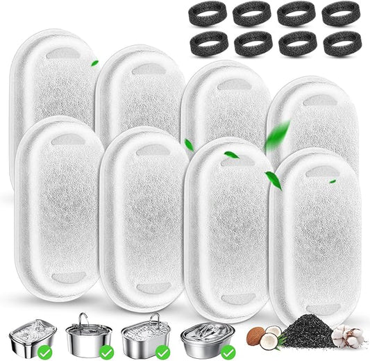 Cat Water Fountain Filter Replacement, 8 Pcs Pet Water Fountain Filters with 8 Pcs Sponges Foam for 67oz/2L & 108oz/3.2L Stainless Steel Automatic Cat Water Fountain Dispenser Filters
