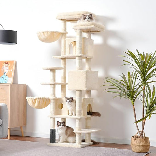 Hey-brother Cat Tree, 74 inches Multi-Level XL Large Cat Tower for Indoor Cats with Three Cat Condos, Two Large Top Decks and Cat Hairbrushfor Kittens, Cats and Pets, Beige MPJ035-MM