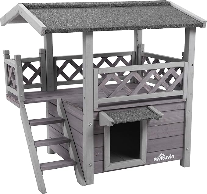 Feral Cat House Outdoor and Indoor Kitty Shelter with Stairs for Cats Insulated, Weatherproof Roof for Winter