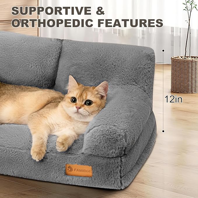 Cat Couch Bed - Cat Bed for Indoor Cats, Calming Pet Sofa Puppy Sleeping Bed with Removable Washable Cover, Cute Dog Couch and Kitty Lounge Chair for 20lbs Cats & Small Dogs(Light Grey)