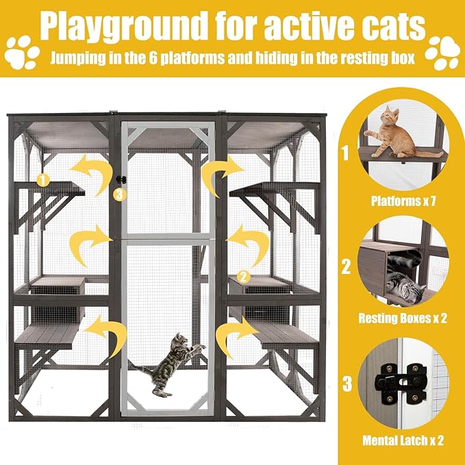 Outdoor Catio Cat Enclosures - Wooden Cat House Weatherproof with Multi Platforms & Lounge Boxes,Combined- 71 Inch