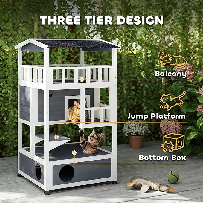 PawHut Wooden Outdoor Cat House, Feral Cat Shelter Kitten Condo with Asphalt Roof, Escape Doors, Condo, Jumping Platform, Gray