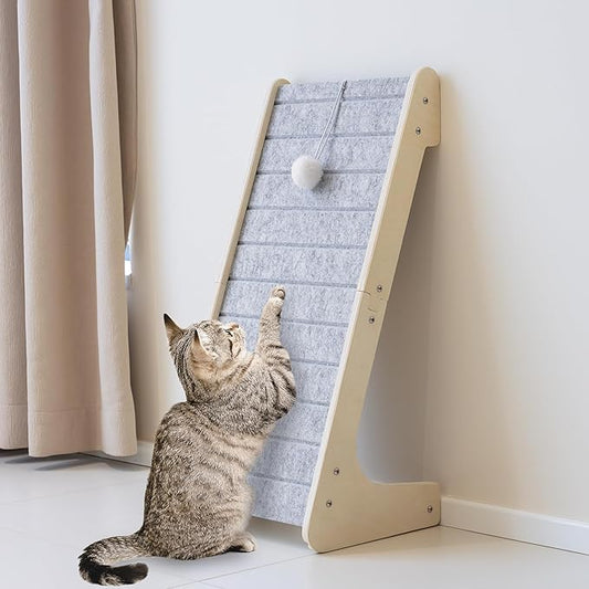 PETKARAY Felt Cat Scratcher, L Shaped Scratching Pad, Scratch Resistant Carpet Scratcher Ramp, Slot-Free Scratch Board with Toy Ball, Light Grey
