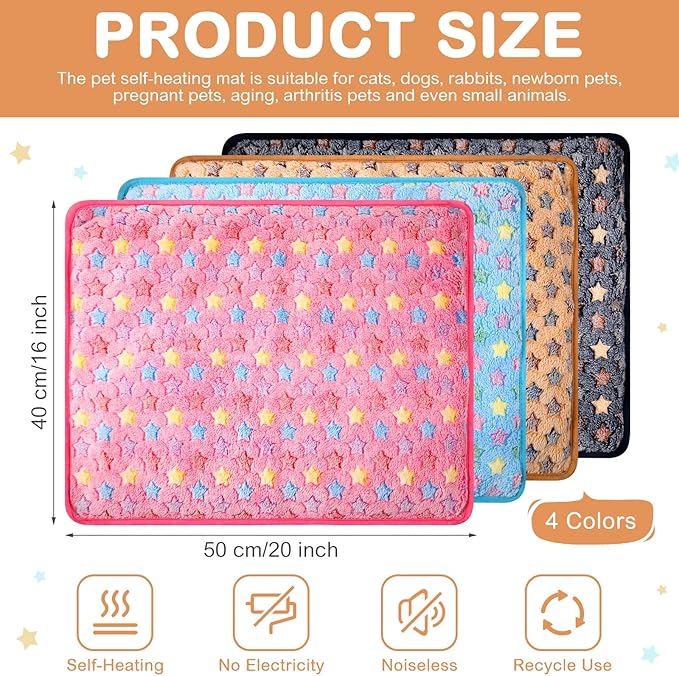4 Pack Self Heating Cat Bed Cat Self Warming Pad with Removable Cover Extra Warm Thermal Pet Pad Washable Pet Crate Mat Anti Slip Kennel for Indoor Outdoor Pets (Small Star,16 x 20 Inches)