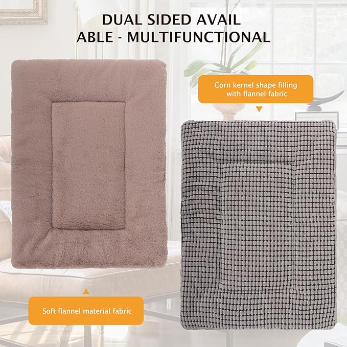 Reversible Dog Bed Mat with Plush and Corn Velvet,Soft Warm Pet Cushion, Dual Purpose Washable Sleeping Mattress Bed for Small Medium Large Dog and Cat XB004 (42"x28", Khaki)