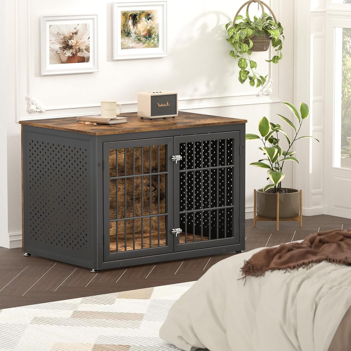 42" Heavy Duty Dog Crate Furniture for Large and Medium Dogs, Enclosed Design Wooden Metal Kennel, Wooden Cage Furniture Indoor, Decorative Dog Kennel End Table