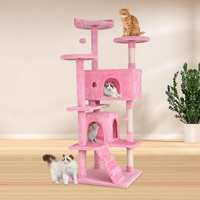 BestPet 54in Cat Tree Tower for Indoor Cats,Multi-Level Cat Furniture Activity Center with Cat Scratching Posts Stand House Cat Condo with Funny Toys for Kittens Pet Play House (54in, Pink)