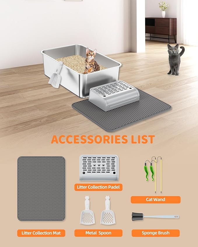 Stainless Steel Litter Box Set- [6-in-1] Extra Large Cat Litter Box with Pedal, Mat, Scoop, Brush, Wands, Non-Sticky Metal Litter Box for Cat, Kitt, Odorless, Easy Clean (23.6"x15.7"x8", 3 Pack)