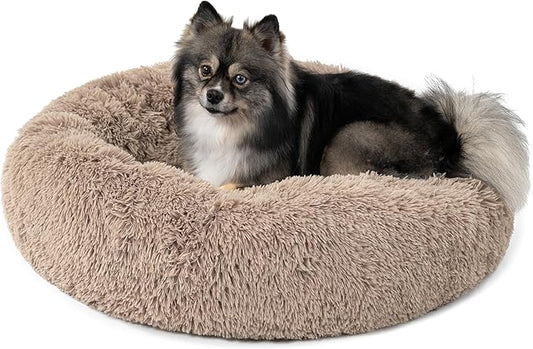 PetAmi Calming Dog Bed for Small Medium Dog Cat, Round Donut Dog Bed Washable, Fluffy Faux Fur Plush Cuddler Pet Kitten Cushion Bed, Anti-Slip, Fits up to 25 lbs, 23 inch, Taupe