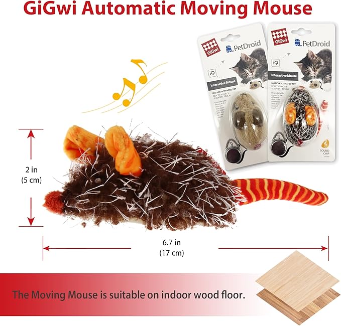 Gigwi Interactive Cat Toys for Indoor Cats, Cat Mouse Toys 2 Pcs with Electronic Realistic Squeaky Sound, Automatic Moving Kitten Toys Electric Mice Toy Self Play Exercise(Brown & Orange Ears)