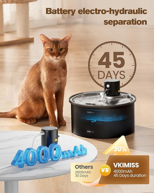 Wireless Cat Water Fountain Cordless: 108oz/3.2L Battery Operated Pet Fountain with Stainless Steel Water Tray + Plastic Barrel (Cat Fountains with 8 Filters & 8 Sponges)