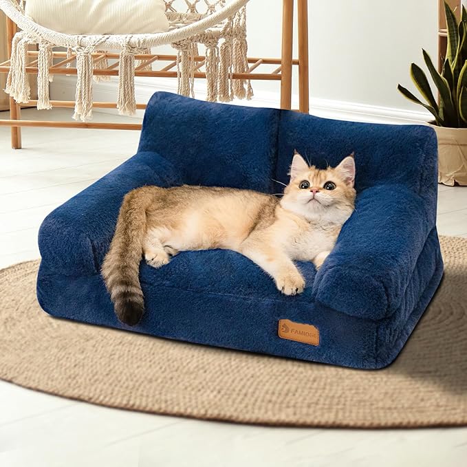 Cat Couch Bed - Cat Bed for Indoor Cats, Calming Pet Sofa Puppy Sleeping Bed with Removable Washable Cover, Cute Dog Couch and Kitty Lounge Chair for 12lbs Cats & Small Dogs(Navy Blue)