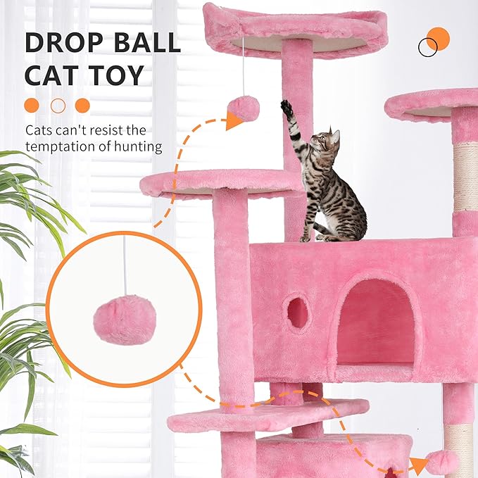 BestPet 54in Cat Tree Tower for Indoor Cats,Multi-Level Cat Furniture Activity Center with Cat Scratching Posts Stand House Cat Condo with Funny Toys for Kittens Pet Play House (54in, Pink)