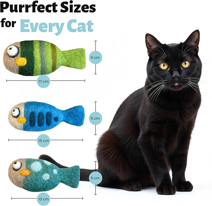Woolbuddy 𝗡𝗲𝗲𝗱𝗹𝗲 𝗙𝗲𝗹𝘁𝗶𝗻𝗴 𝗞𝗶𝘁 𝗳𝗼𝗿 𝗕𝗲𝗴𝗶𝗻𝗻𝗲𝗿𝘀 DIY Cat Toys Set (3-Pack) – Handmade Felted Fish, Wool Felting Kit for Cats, Soft Enrichment Toys, No Catnip