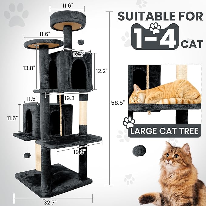 58.5inch Large Cat Tree Tower Condo for Indoor Cats, Soft Plush Multi-Level Climbing Tree Cat House, Scratching Post, More Entrance/Exit, Sisal Rope, Black Grey