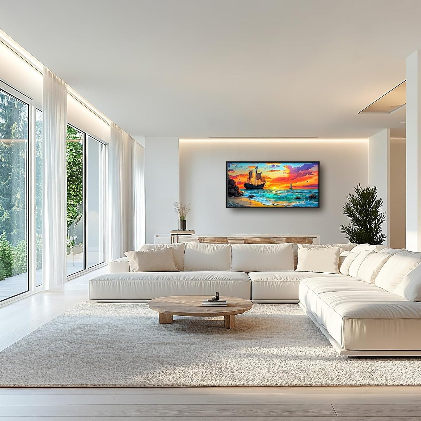 Framed Large Ship Wall Art for Living Room, Oversized Coastal Beach Boat Wall Decor Nautical Seascape Sailboat Canvas Painting Modern Artwork Home Decoration for Living Room Bedroom 60"x30"