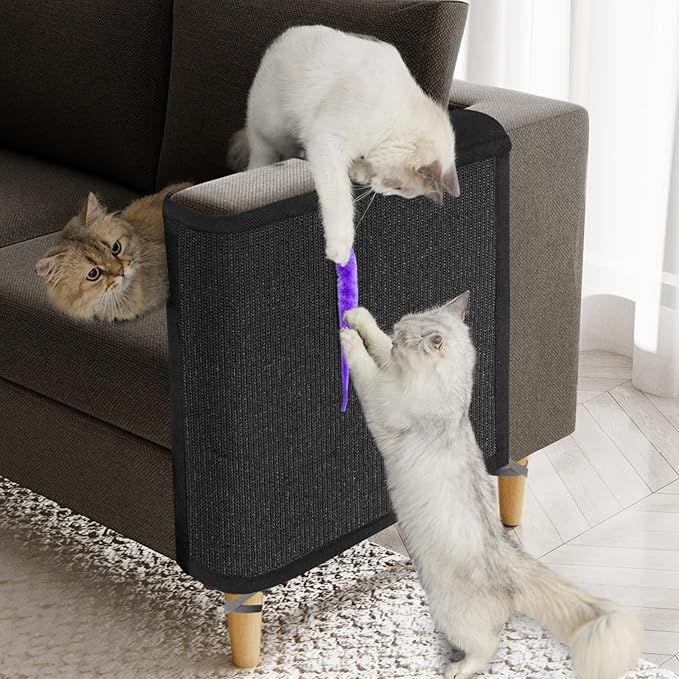 Cat Scratch Couch Protector,Cat Scratch Sofa Armest Cover with Sisal Mat and a Toy for Small Animals Indoor use 23.6’’L*19.7’’W (Black/Left Hand)