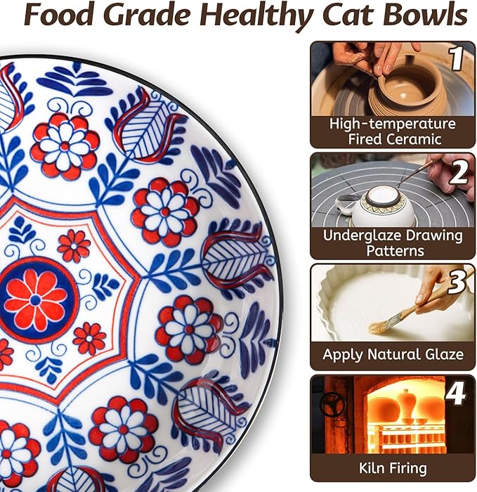 Non-Slip Cat Bowl,Ceramic Cat Food Bowls with Silicone Bottom, Anti-Whisker Fatigue Cats Dishes Set, Shallow & Wide Kitten Plates for Food and Water, 4 Pack
