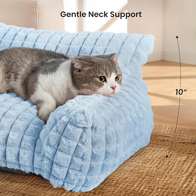 Cute Small Dog Couch Bed – Supportive & Fluffy Pet Sofa with Faux Rabbit Fur Washable Cover in 3D Diamond Pattern, 30" Light Blue