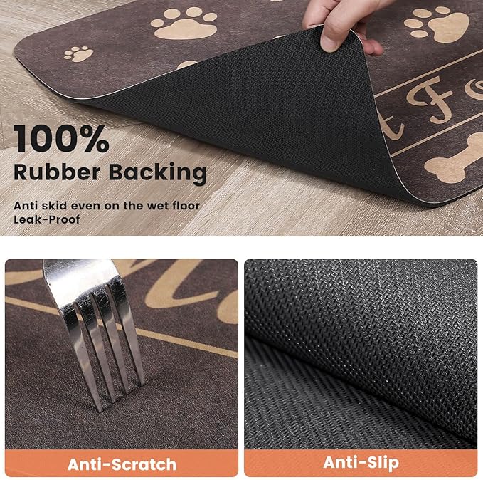 Pet Feeding Mat-Absorbent Pet Placemat for Food and Water Bowl, with Waterproof Rubber Backing, Quick Dry Water Dispenser Mat for Dog and Cat (12"x20", Brown)