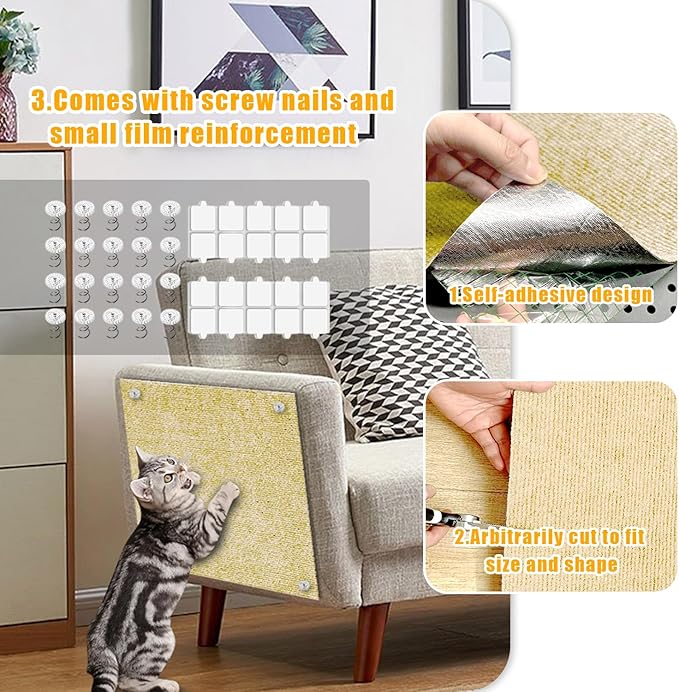 Cat Scratch Mat,118.5"x17.4" Trimmable Self-Adhesive Cat Scratch Furniture Protector, Sticky Cats Scratcher Wall Mat, Covering Cat’s Tower, Couch Protector from Cats Claws (Beige)