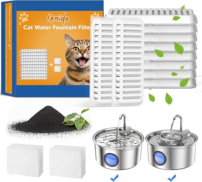 Pet Water Fountain Filters, Compatible with Kenida 8L/270oz Stainless Steel Dog Water Fountain,10 Filters with 2 Sponges Replacement Set, Multi-Filtration System