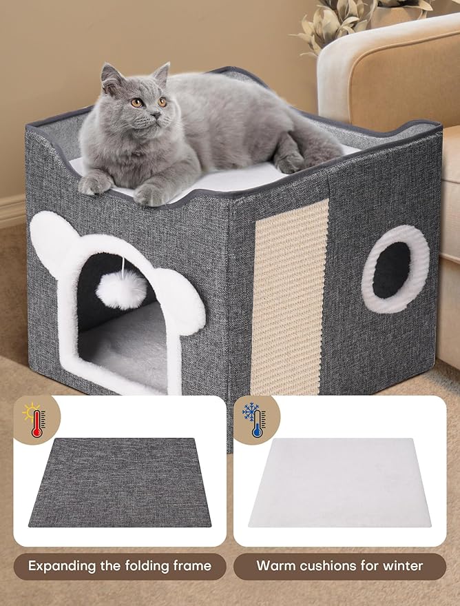 Cat Houses for Indoor Cats, Large Cat Cave with Fluffy Ball and Scratch Pad, Covered Cat Bed House, Foldable Cat Hideaway
