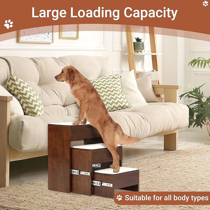 Dog Steps for Bed, 21 Inch Foldable Pet Stairs, Wooden Furniture Style Cat Stairs for Couch, No Installation 3 Tier