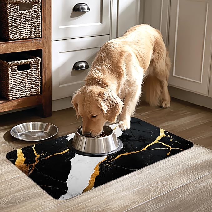 Black Gold Marble Dog Cat Food Mat-Absorbent Placemat for Food and Water Bowl, Waterproof Non Slip Rubber Backing Dog Food Mats for Floors, Pet Supplies 16 * 24 inch