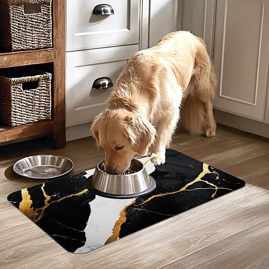 Black Gold Marble Dog Cat Food Mat-Absorbent Placemat for Food and Water Bowl, Waterproof Non Slip Rubber Backing Dog Food Mats for Floors, Pet Supplies 16 * 24 inch