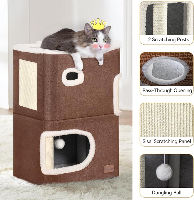 YITAHOME 2-Tier Cat House, Cat Beds for Indoor Cats, Small Cat Condo with Scratch Post and Hideaway Cave, Modern Cat Cube Playhouse for Multi Kittens, Brown