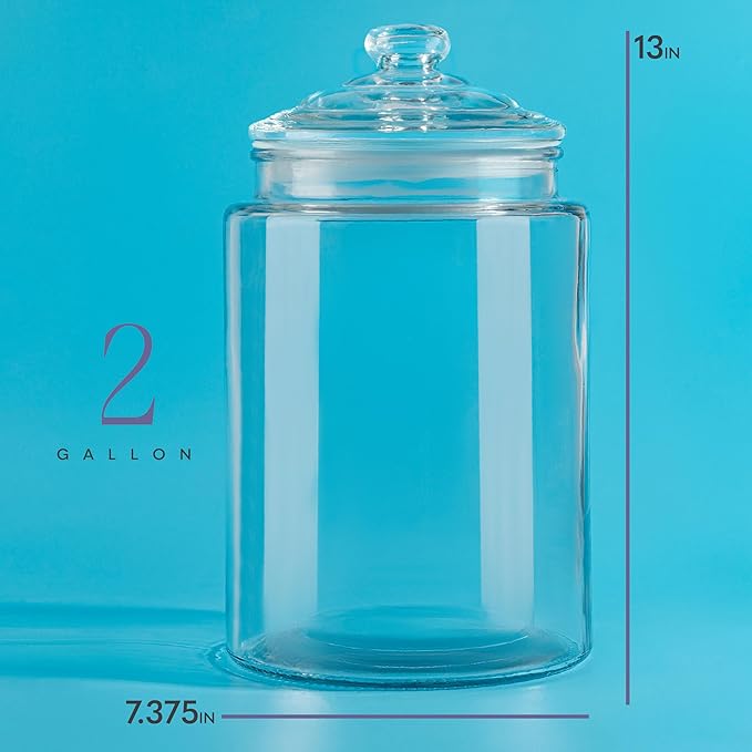 2-Gallon Tall Glass Cookie Jar with Airtight Lid – Large Kitchen Canister for Cookies, Sugar, Flour, and Dog Treats