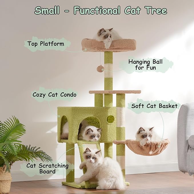 Cat Tree, 41.3" Cat Tower for Indoor Kittens with Scratching Board and Posts, Multi-Level Cozy Cat Condo with 2 Perches, Hammock, Balls, Green and Yellow GCT005SGY