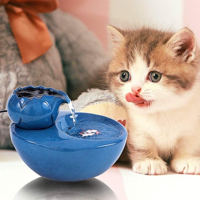 Ceramic Cat Drinking Water Fountain, 1.3 Liters Pet Water Fountains for Cats and Dogs, Electric Pet Water Dispenser with Quiet Pump and 5 Replacement Filters - Blue Lotus Style