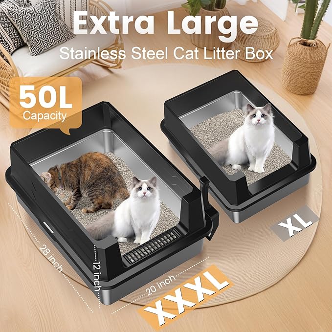 XXXL Stainless Steel Litter Box with Footboard,Extra Large 28" L x 20" W Metal Litter Box for Big Cats & Multiple Cats with High Sided, Anti-Leakage, Non-Sticky, Easy Cleaning, Include Scoop