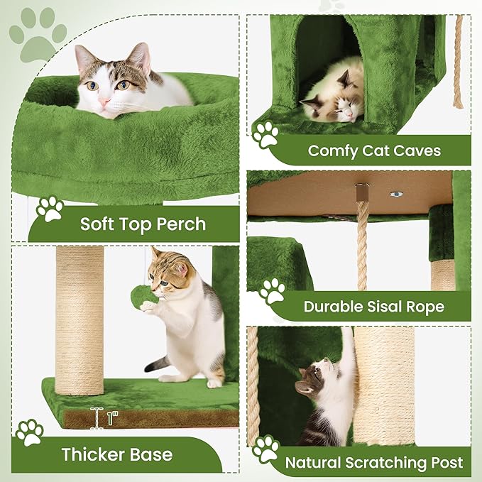 58.5inch Large Cat Tree Tower Condo for Indoor Cats, Soft Plush Multi-Level Climbing Tree Cat House with 1 360° Rotating Cat Cave, Scratching Post, More Entrance/Exit, Sisal Rope, Green