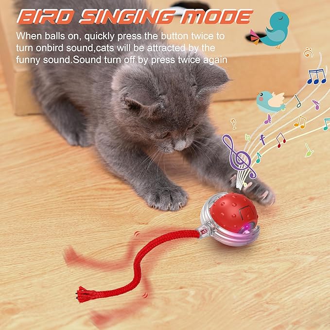 IOKHEIRA Interactive Cat Toys Ball, Motion Activate Electric Cat Toy, Automatic Pet Exercise Toys, Simulate Bird Calls, USB Rechargeable (Long Tail)