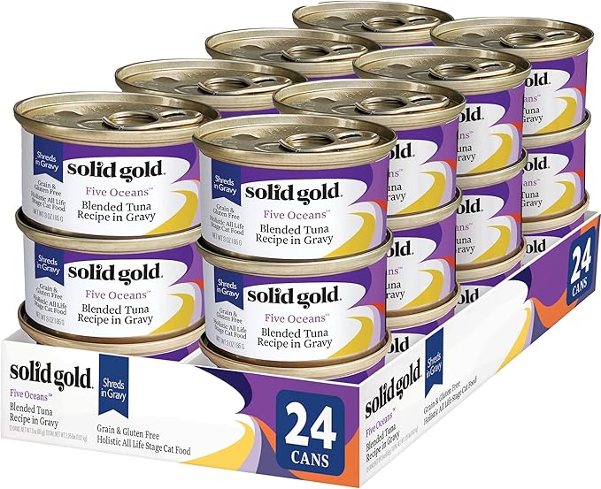 Solid Gold Wet Cat Food Shreds in Gravy - Healthy Canned Cat Food Made w/Real Tuna Shreds, Vitamins, Minerals & Taurine - Grain Free & Gluten Free Canned Meals for Cats & Kittens - 24ct/3oz Can