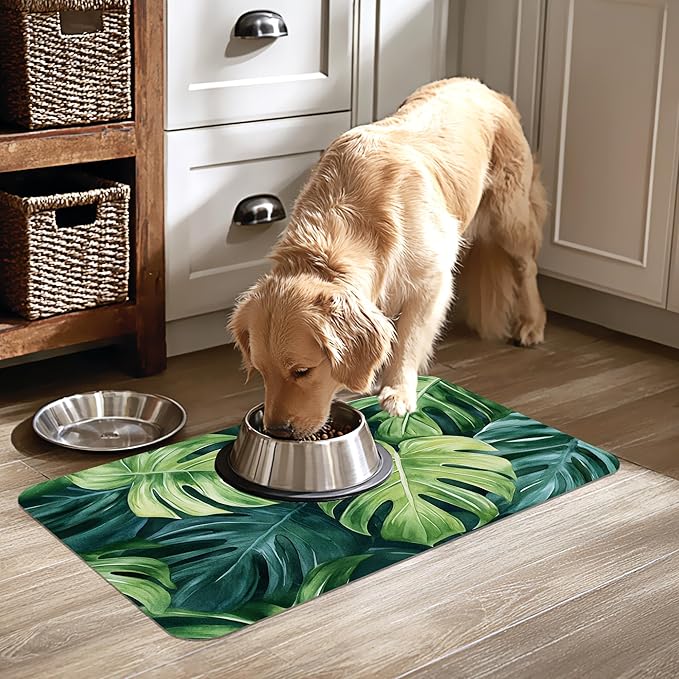 Tropical Palm Leaves Pet Feeding Mat-Quick Dry Absorbent Dog Cat Food Mat, Anti-Slip Water Bowl Mats for Messy Eaters-No Stains Indoor Pet Accessories 16"x24"