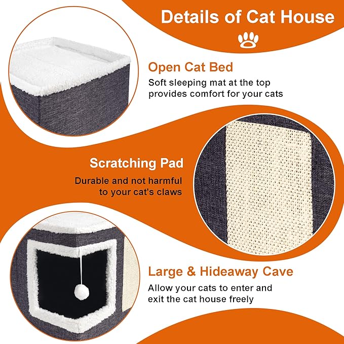 Cat Houses for Indoor Cats - Large Cat Bed Cave with Scratch Pad and Fluffy Ball, Foldable Cat Condo Hideaway with Reversible Cushion for Multi Small Pet, Dark Grey