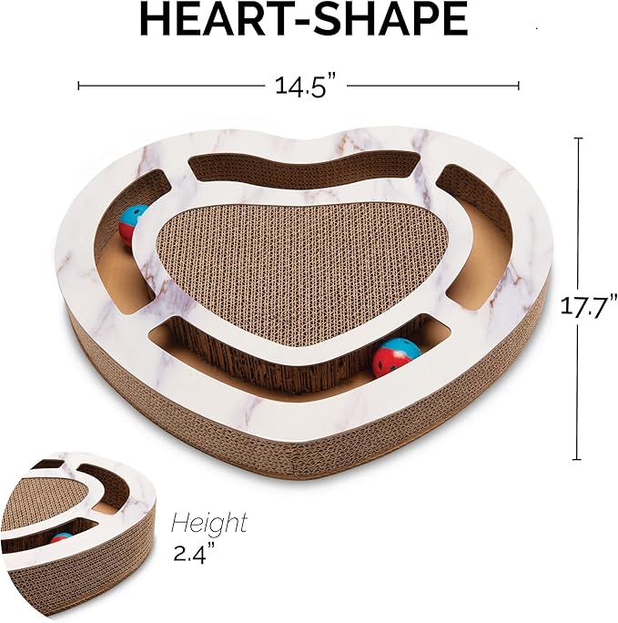 Furhaven Scratching Pad Ball Track Cat Toy w/ Catnip for Indoor Cats - Heart-Shaped Busy Box Scratcher - White Marble, One Size