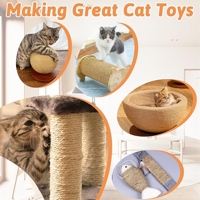 Cat Natural Sisal Rope for Scratching Post Tree Replacement, Hemp Rope for Repairing, Replacement Cat Tree and Tower (6 mm 66 Ft)