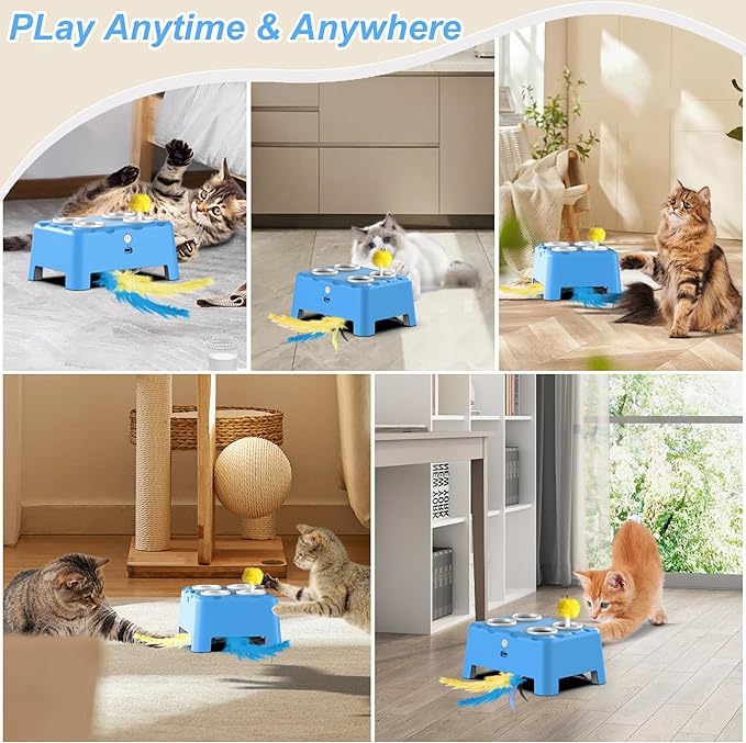 Cat Toys, Interactive Cat Toys, 2-in-1 Moving Concealed Feathers, 4 Holes Mice Whack A Mole Cat Kitten Toy Exercise Toys for Indoor Bored Adult Cats, USB Rechargeable Electronic Kitten Toys (Blue)