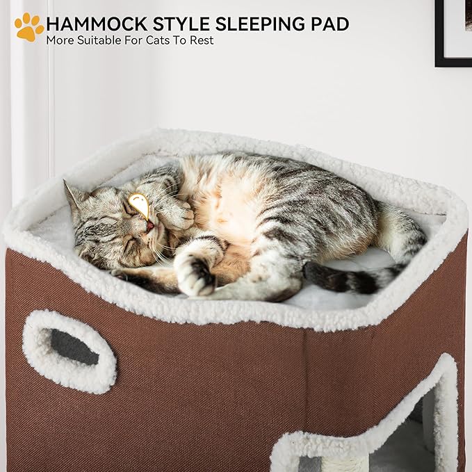 YITAHOME 2-Tier Cat House, Cat Beds for Indoor Cats, Small Cat Condo with Scratch Post, Hideaway Cave, Climbing Stand, Modern Cat Cube Playhouse for Multi Kittens, Brown