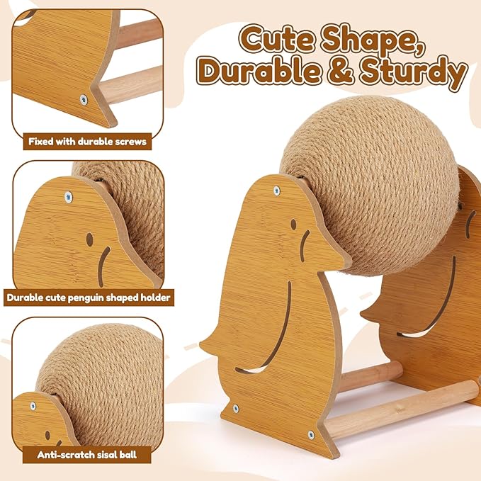 Outamateur Cat Scratching Ball Toy, Sisal Scratching Ball with Cute Stable Stand, Interactive Play and Exercise Toy for Kittens, Cats, Small Pets (Penguin)