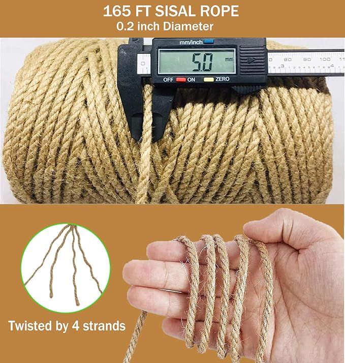 Sisal Rope for Cat Scratcher,Rope for Cat Scratch Post 5mm 164FT Jute Twine for Scratching Post Repairing, Recovering or DIY