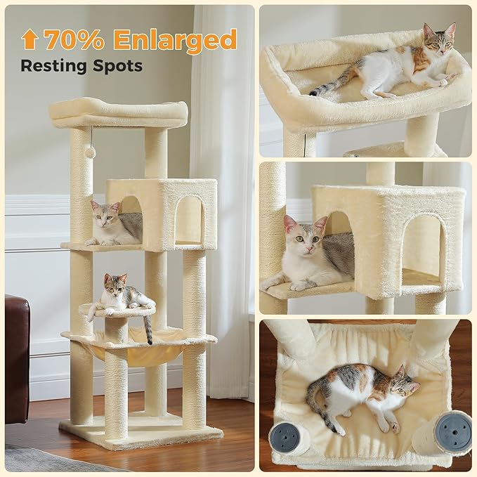 Large Cat Tree for Indoor Cats Large Adult, 57.8" Heavy Duty Cat Tower with Reinforced Scratching Posts (φ3.7in) and Plush Larger Hammock for Maine Coon & Big Cats, Supports 30lbs, Beige
